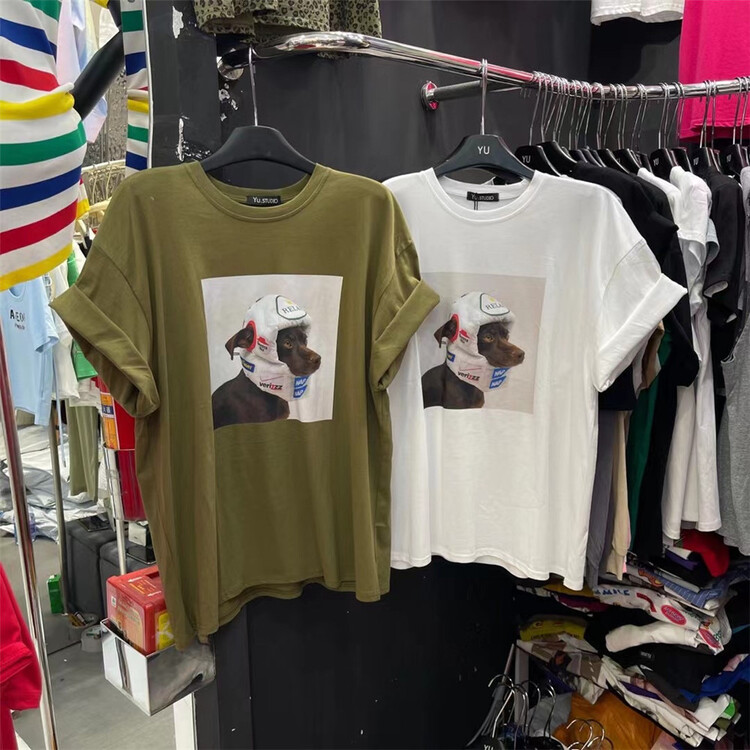 [Yu] Korean helmet Dog Print round neck short sleeve T-shirt 13099# cqw