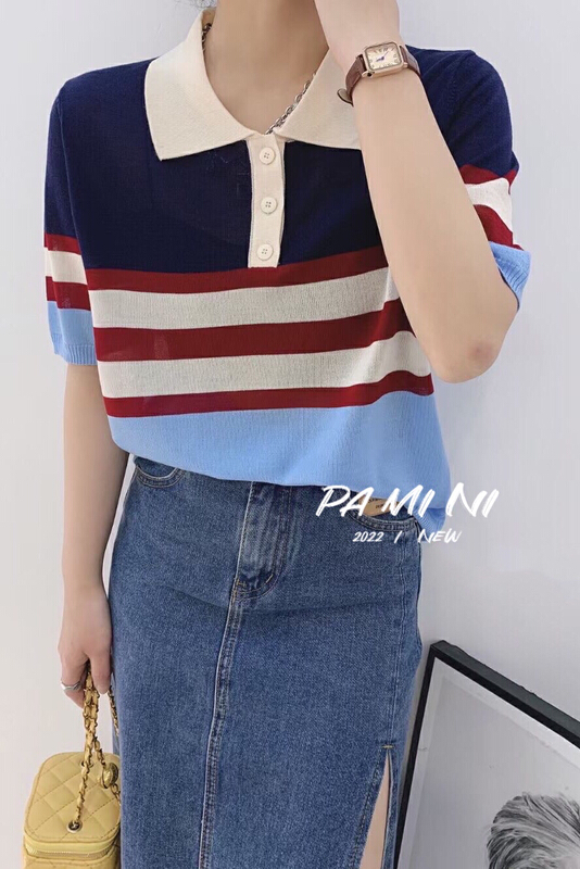 [pamini] color blocking fashion niche sweater 22143# Cl