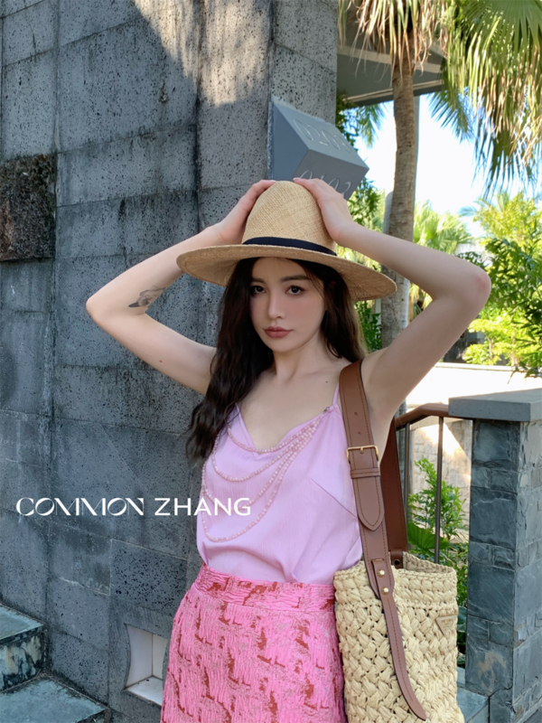 [CZ Zhang] simple solid color suspender shirt (with chain) 62092# jhy