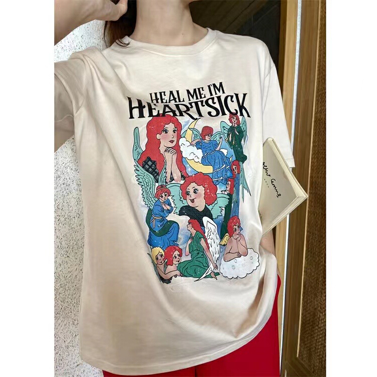 [x · h studio] Korean cartoon printing loose and thin round neck short sleeve T-shirt 8895# ozq