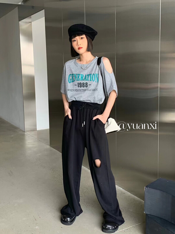 New in early summer! [Yuanxi] large lettered off shoulder short sleeve T-shirt 646# LSL