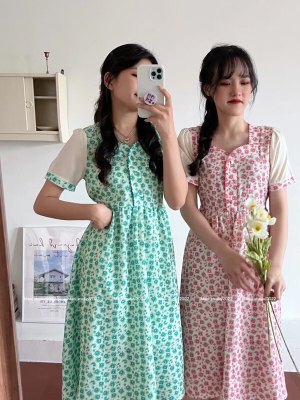 [mani] square neck floral breasted dress ys1-6918# HBx