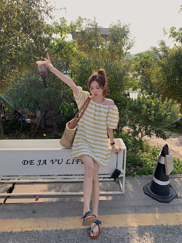 [timely rain] Han Feng ins sweet temperament design sense waffle bubble dress 8923# WPL