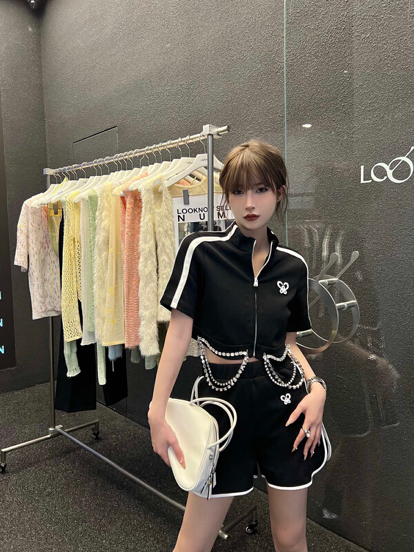 [Nancy] diamond chain zipper shirt + elastic waist casual Shorts Set (with removable chain) bs6500# WPL