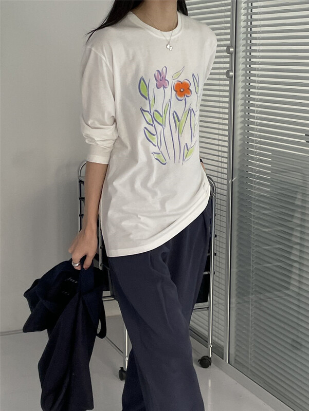 New year in early spring! [clean space] Korean Japanese Floral Print versatile long sleeve T-shirt 31327# CLS