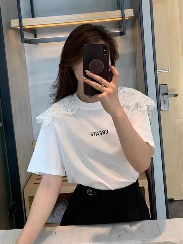 [Yi Ge Li] letter simple round neck lace splicing short sleeve T-shirt 1199# WPL