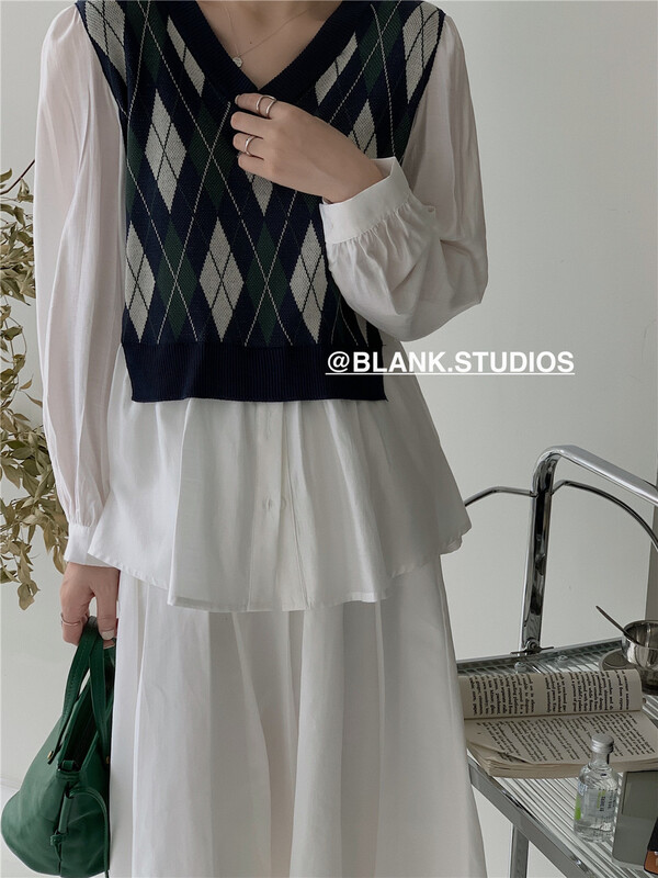[blank] Korean Vintage Lingge fake two small shirts 552057# jhy