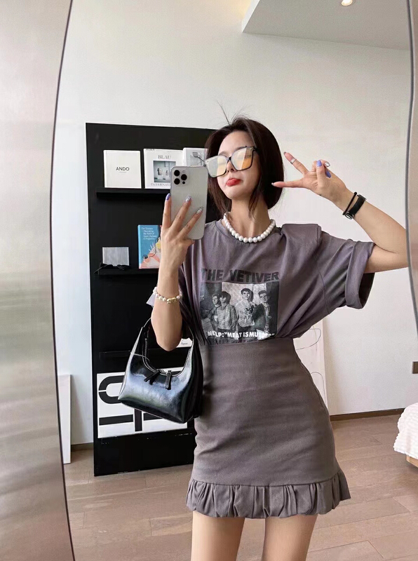 [top] American retro printed short sleeve T-shirt + sweet skirt set 2077# zjy