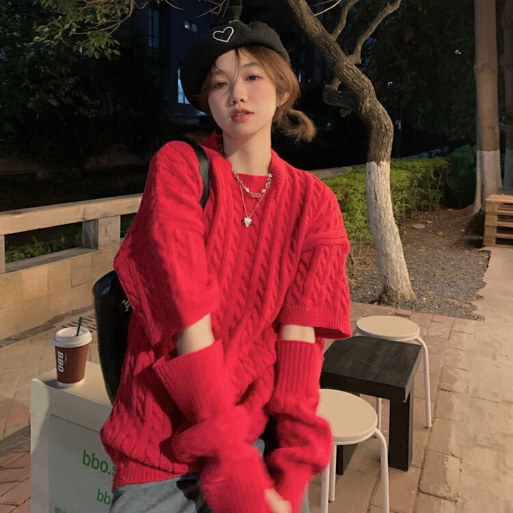 New year in early spring! [timely rain] retro lazy fried dough twist knitted loose knit shirt (matching sleeves) 00057\yyw