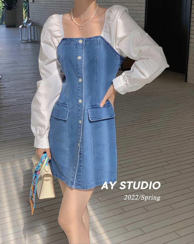 goods in stock! [ay studio] Korean Ladies stitched denim dress 66729# zxx