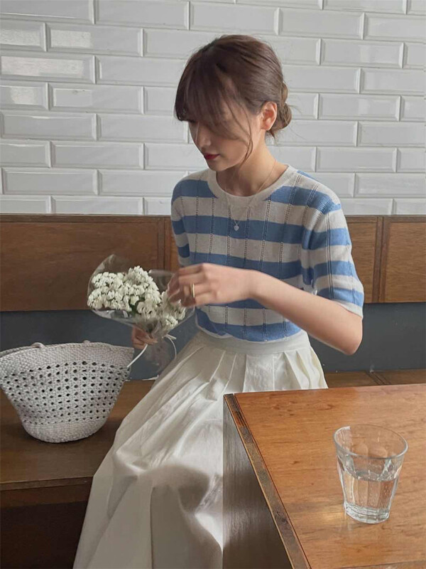 [acme group] Korean stripe hollowed out design sweater 0976# CLS