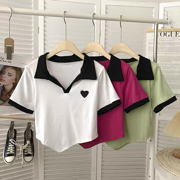 [Gangan] irregular color blocking love embroidery short shirt 1233# Cl