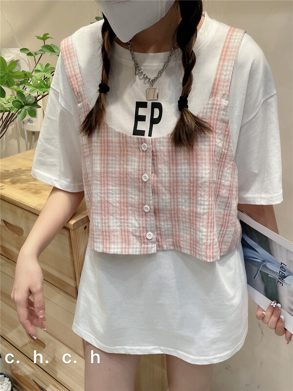 New in early summer! [C.H] casual letter print loose short sleeve + single breasted Plaid sling set 538# LSW