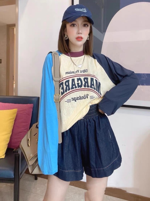 [dodo] letter print color blocking round neck long sleeve T-shirt ys2-885# LSL