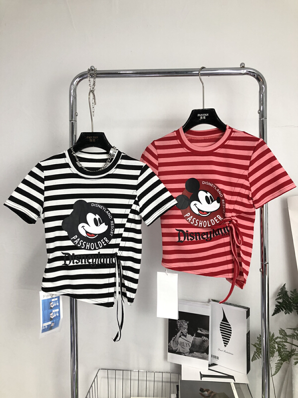 [fan fan] fashion Han fan'er stripe Mickey pattern drawstring irregular short sleeve T-shirt 5786# JJ