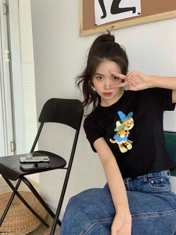 New in early summer! [muzijia] round neck solid color letter Tiger Print short sleeve T-shirt 66893# XYY
