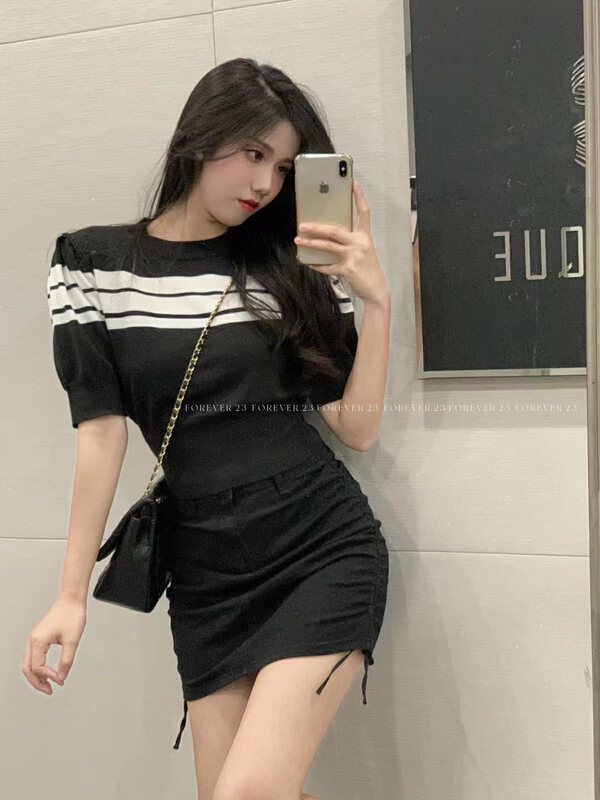 [forever23] Korean style bubble sleeve contrast striped sweater 1072# hjy