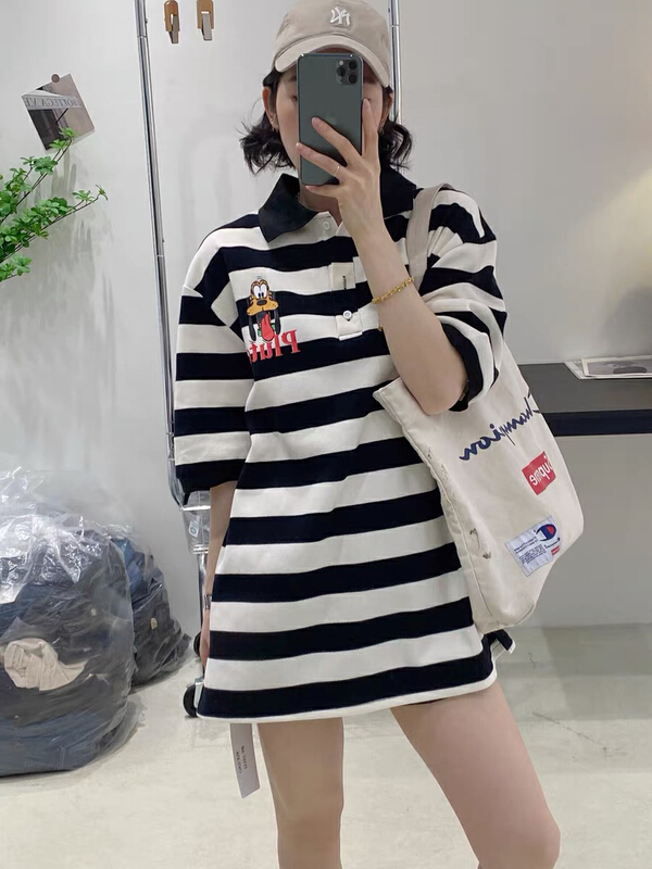 New in early summer! [blue show] cartoon print stripe short sleeve T-shirt 8153# LSW