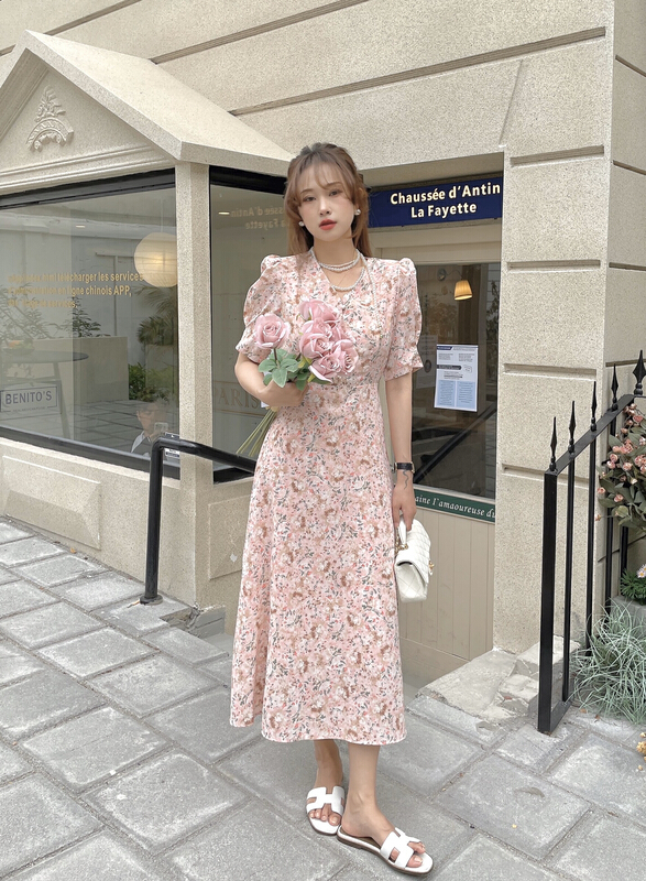 [J2. J1wg] Korean Ladies' floral waist dress 22079# cqw