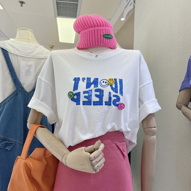 New in early summer! [Juju] letter printed letter short sleeve T-shirt (with smiling face pin buckle) 97983# LSL