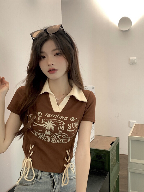 [fan fan] Han fan'er fashion color blocking letter printing drawstring blouse 5836# JJ