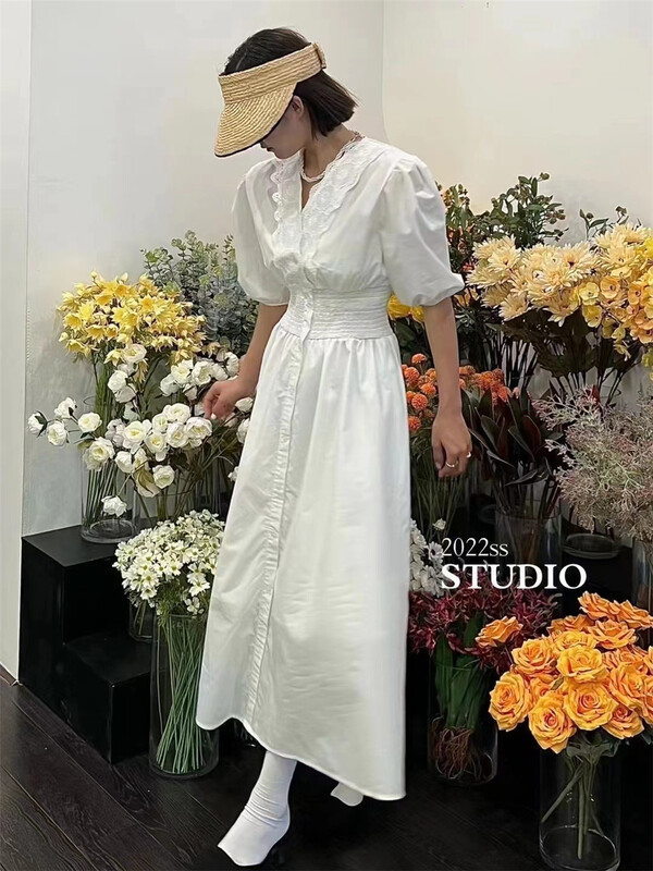 [13C. Studio] Korean stitched lace bubble sleeve dress 6835# PCZ