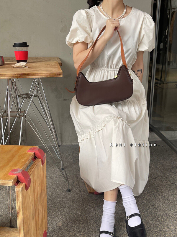 [next station] Korean solid color waist closing bubble sleeve dress 22200# ZSY