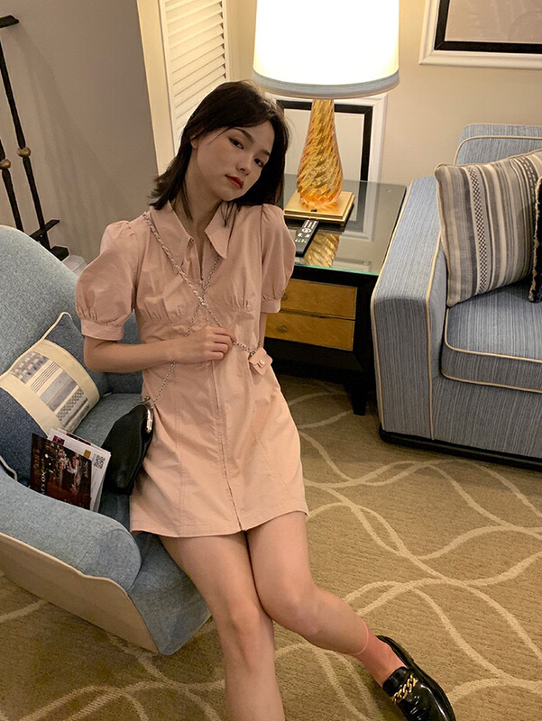 [wgwe] Korean version simple bubble sleeve zipper design dress 1702# PCZ