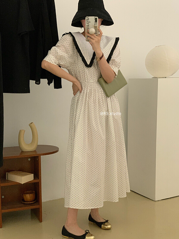[RS] Korean version of Auricularia auricula edge wave point closing waist thin sweet dress rs1602# XYY