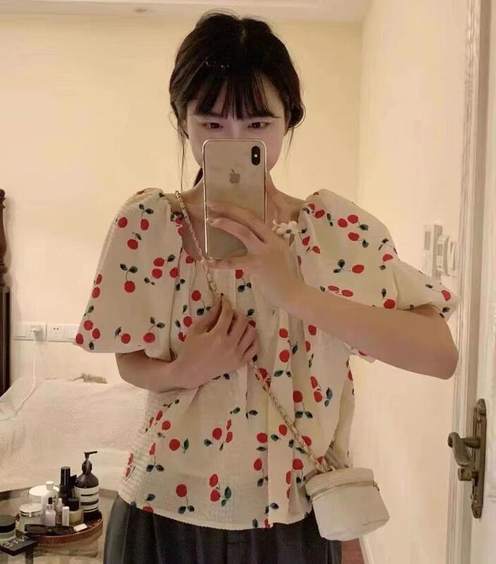 [I-D] Korean style square neck small cherry shirt ys8169# ll