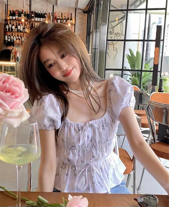 [six] French style square neck floral lace up blouse 6269# PCZ