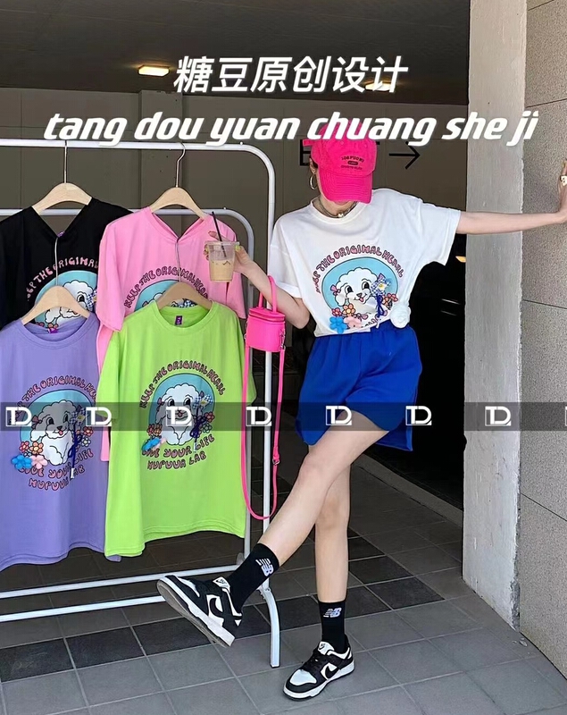 New in early summer! [tangdou original] three dimensional small flower print Pullover Korean Short Sleeve T-shirt (with flowers) 9583# WTT