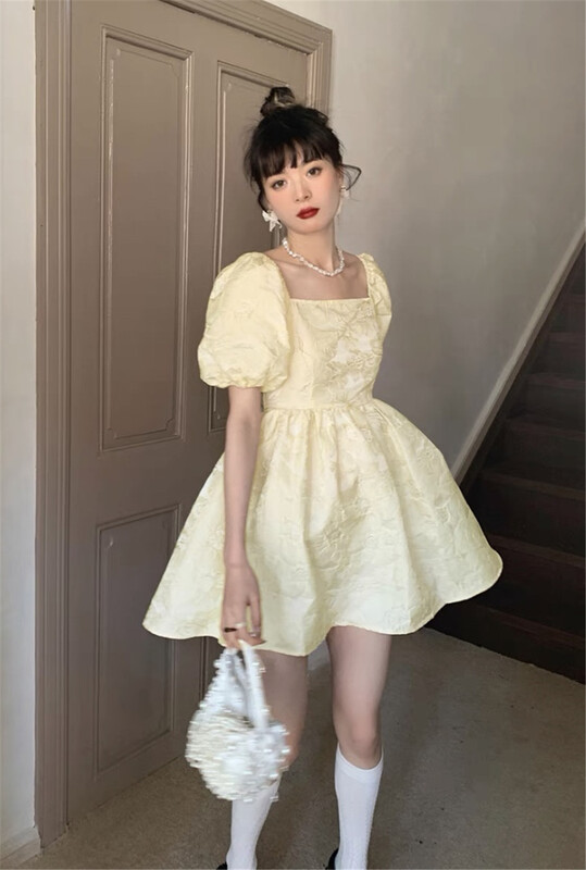 【NXBY】甜美方領泡泡袖露背連衣裙  706#  OZQ