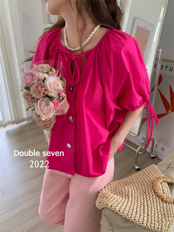 [double seven] Korean round neck button up bubble sleeve blouse 28712# zxx