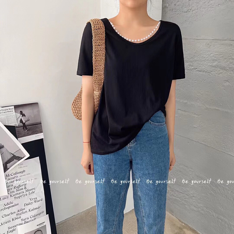 [be your self] Korean U-neck simple and versatile short sleeve T-shirt (with removable necklace) t66159# LSL