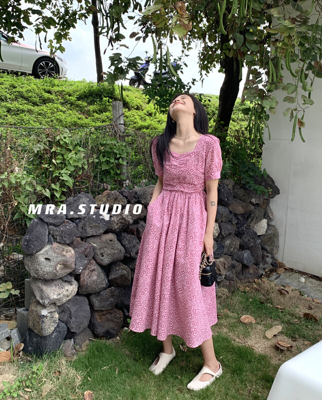 [MRA] French retro bubble wrinkled floral dress xt5037# zxl