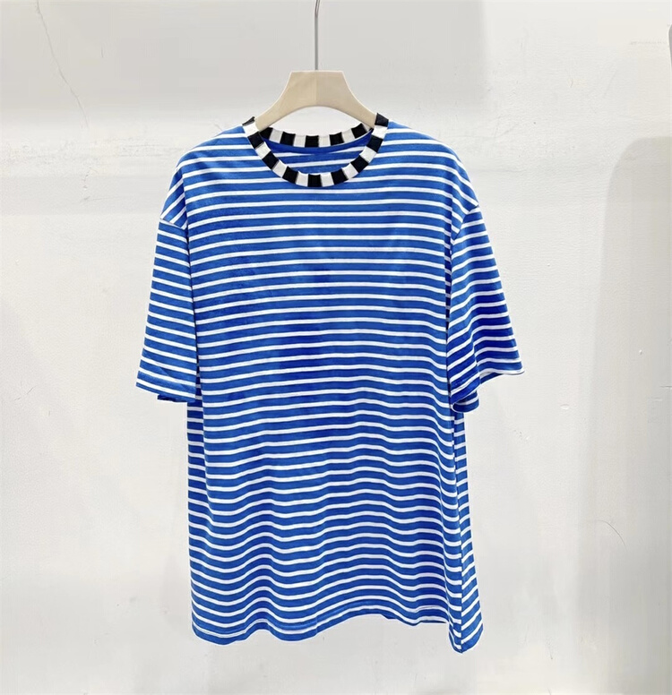 New in early summer! [td] loose contrast collar stripe short sleeve T-shirt t003895# XJ
