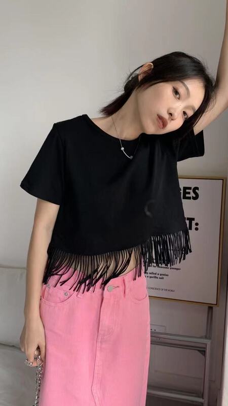 goods in stock! New in early summer! [9hour] tassel fashion simple short sleeve T-shirt 5099# zxl
