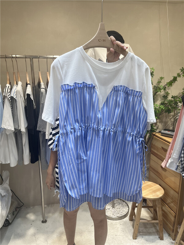 New in early summer! [C.H] Korean shirt vertical stripe splicing short sleeve T-shirt 532# LSW