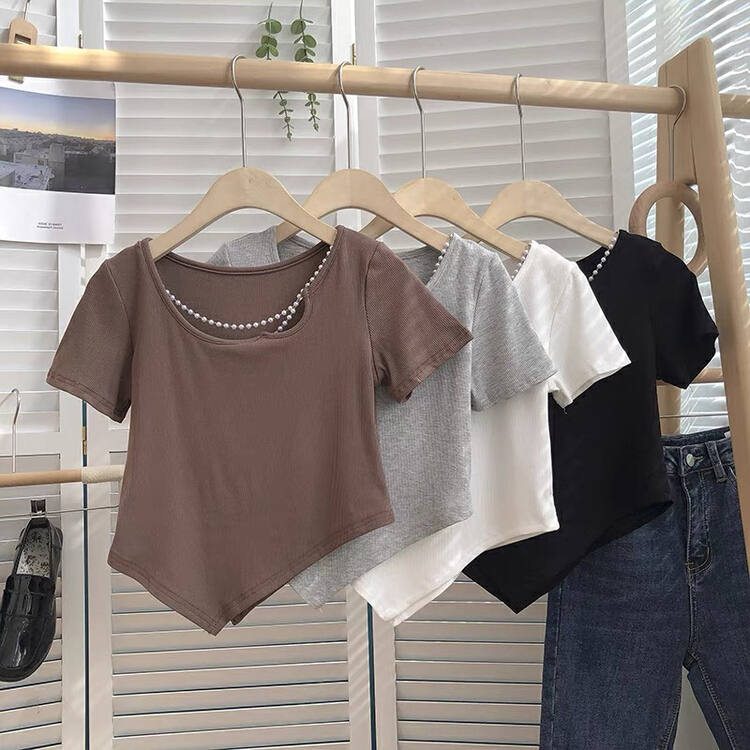 New in early summer! [Gangan] irregular pearl chain short sleeve pullover shirt (with chain) 1203# Cl