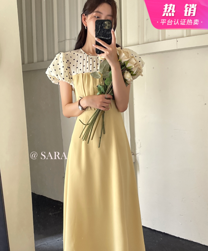 [Sara] French sweet wave dot stitching waist band dress 18008-# lwy
