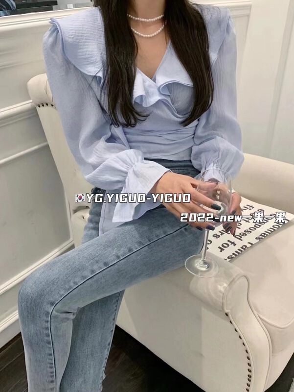 [yiguoyiguo] French style large lapel Ruffle knotted blouse 68236# PCZ