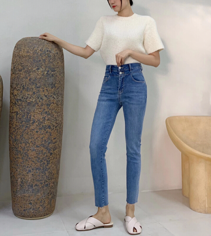 Original price 122.95! New year in early spring! [1980] Korean style high waist double breasted hip lifting skinny jeans 2c65006# zyh