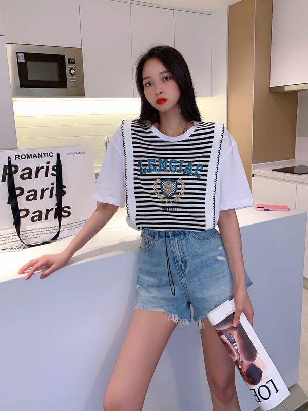 [shuilifang] drawstring stripe stitched short sleeve T-shirt 8155# LSL