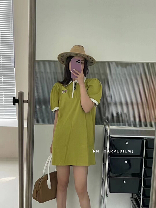 [R n] Korean polo collar college style contrast color design, loose and niche dress 80996# ll