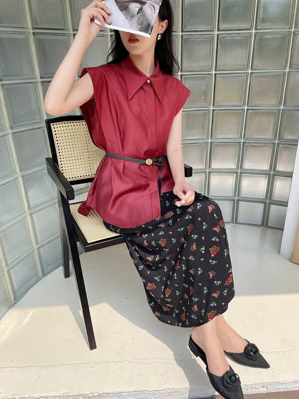 goods in stock! New in early summer! [Hanna Hanna] design temperament commuter wide shoulder shirt (with waist rope) m7005# XJ