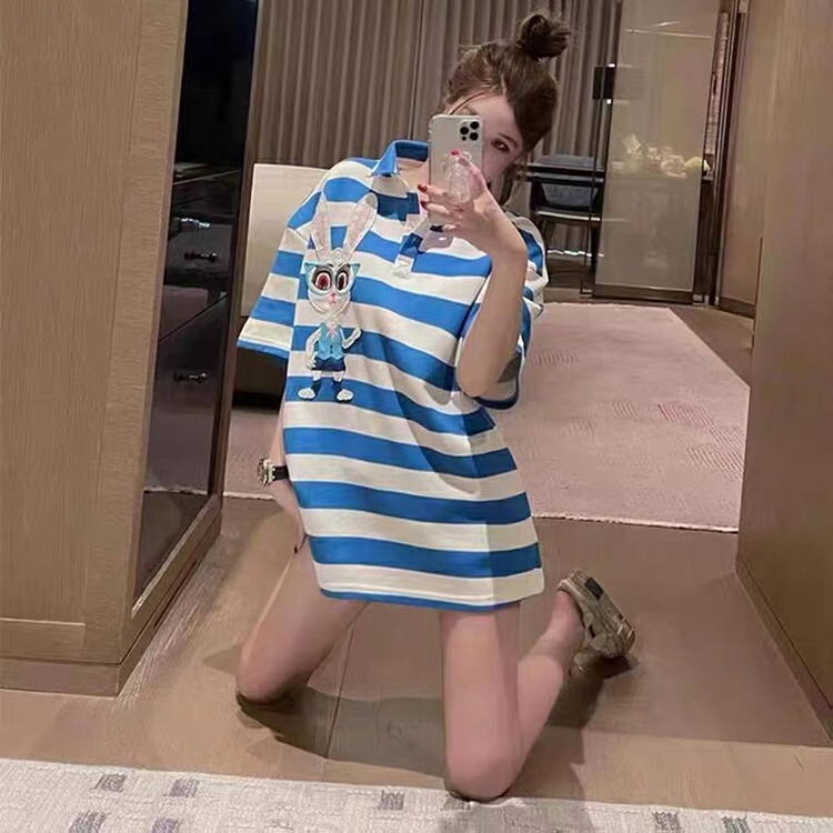 [Kiki studio] fashion loose embroidery stripe short sleeve T-shirt 5866# hjy