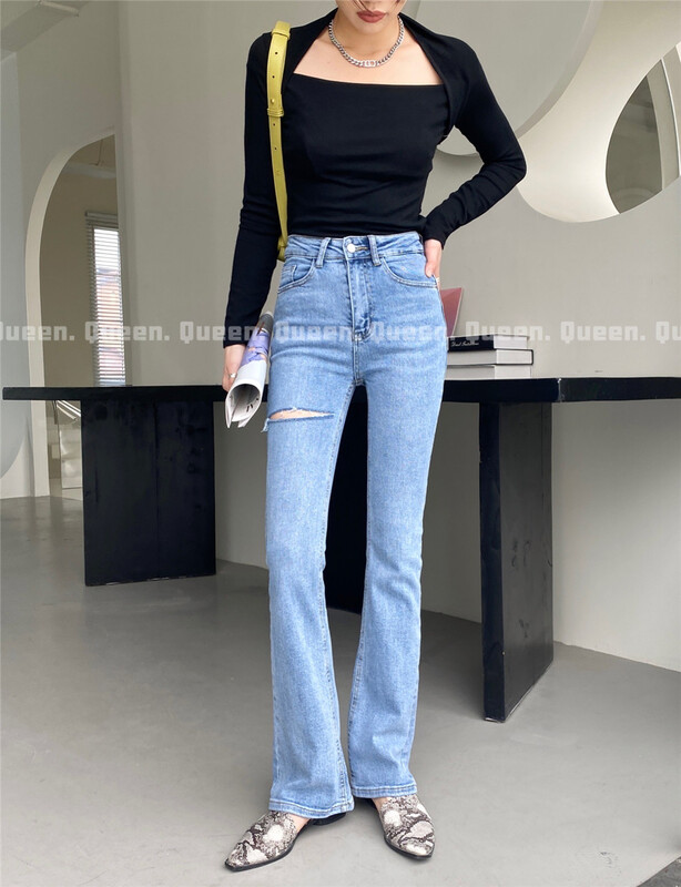 New year in early spring! [queen1] Korean version hole breaking personalized versatile jeans 293-1# lwy