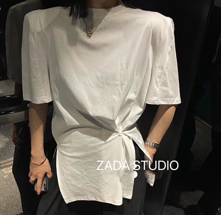 [Zada] diagonal shoulder pad loose short sleeve T-shirt 3268# WTT