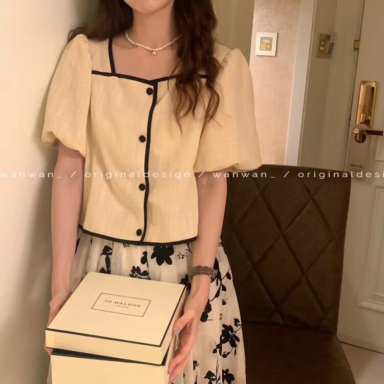 goods in stock! New in early summer! [wanwan] square neck button up contrast bubble sleeve blouse 1627# HBx